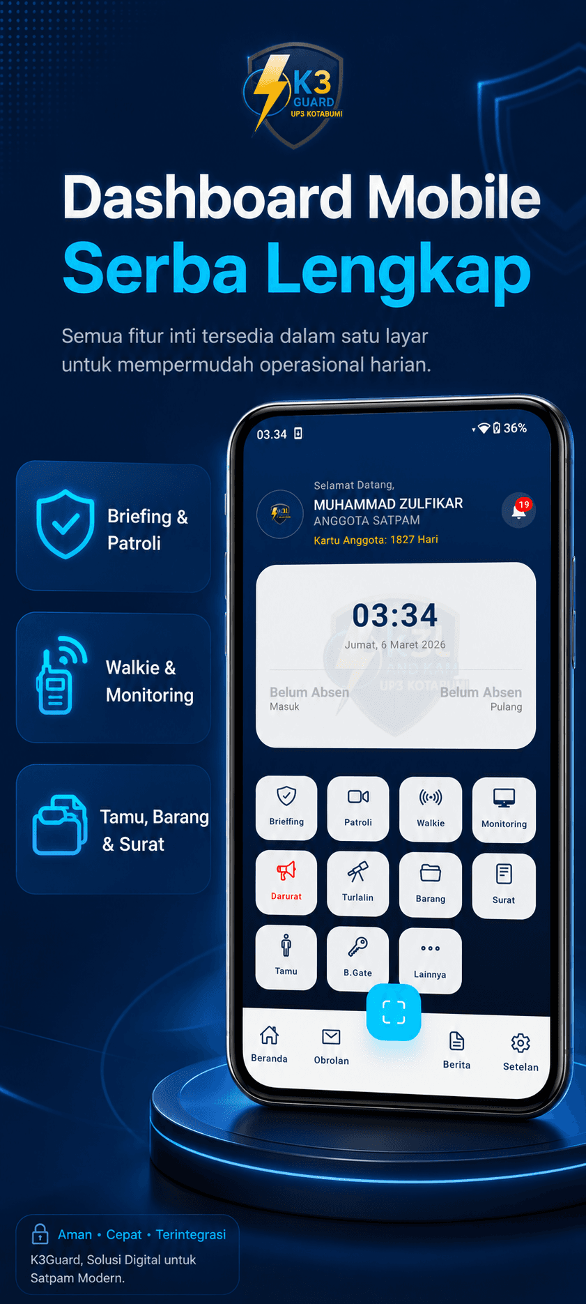 Poster K3Guard dashboard mobile serba lengkap dengan fitur briefing, patroli, walkie, monitoring, tamu, barang, dan surat.
