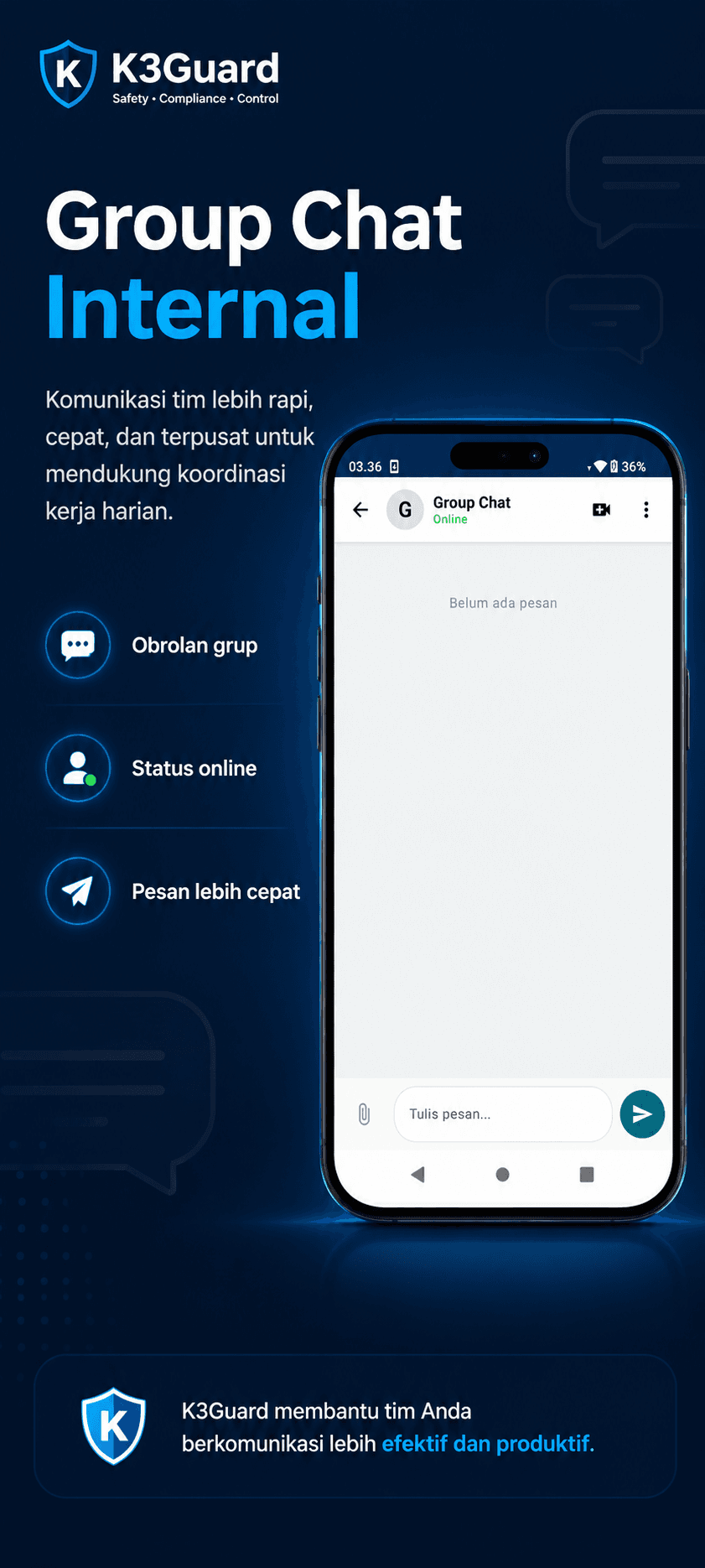 Poster fitur group chat internal K3Guard untuk komunikasi tim yang lebih cepat dan produktif.